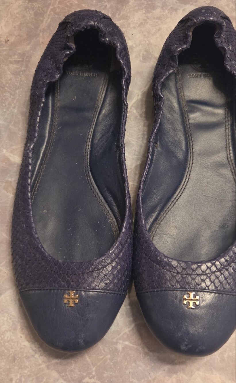 Tory Burch Purple Textured Leather Logo Ballet Flats
